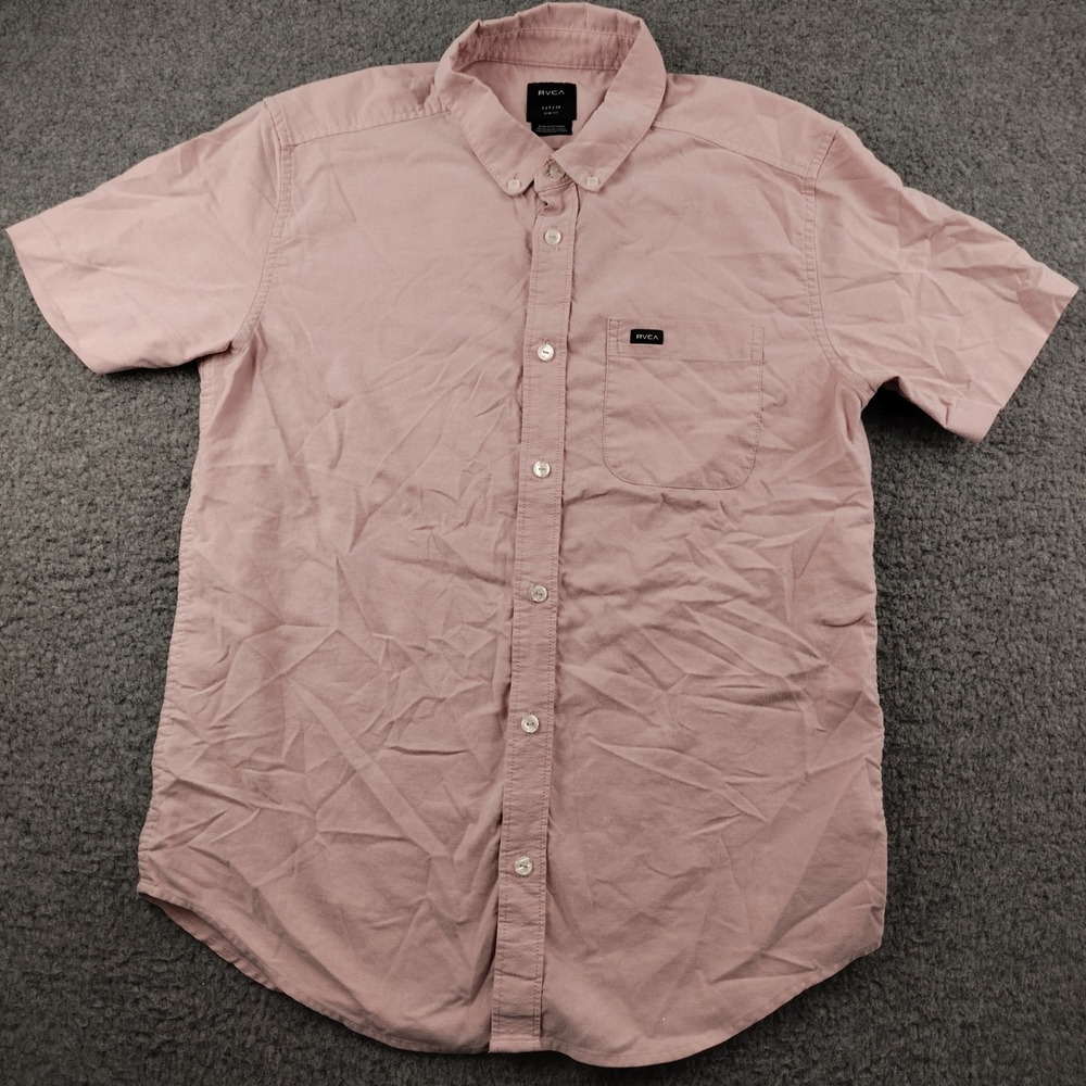 RVCA Button Down Shirt Mens Small Slim Fit Pink Short Sleeve Oxford EUC